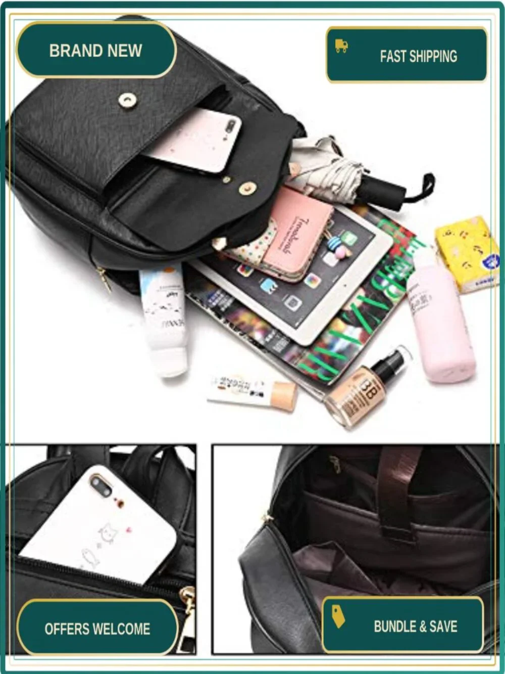 Faux Leather Bowknot 3-Piece Backpack Purse for Women Ladies Rucksack